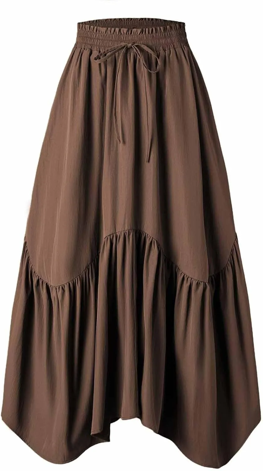 Summer Skirts for Women Asymmetrical Hem Pleated A-Line Dress Elastic Waist Drawstring Flowy Vacation Beach Maxi Skirt