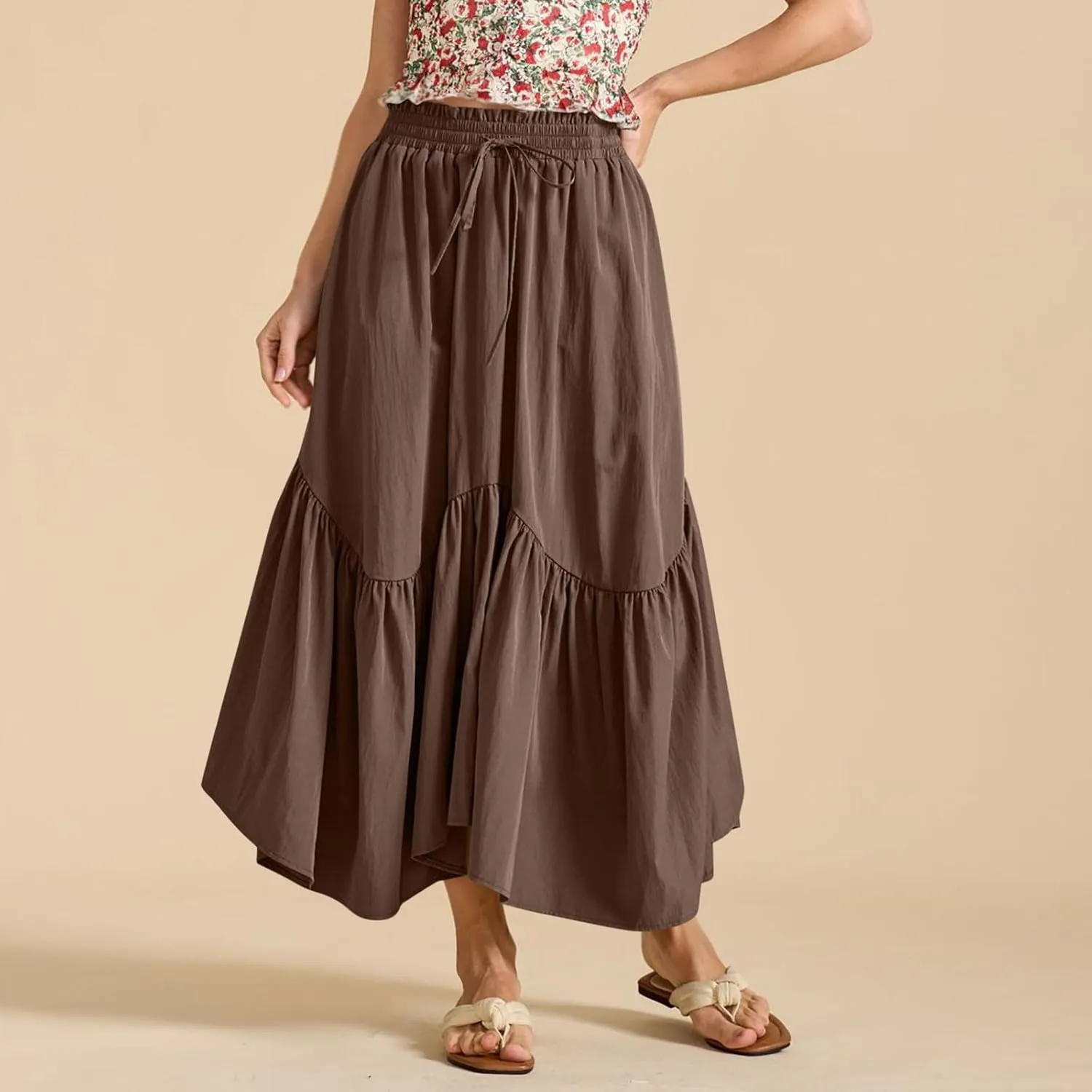 Summer Skirts for Women Asymmetrical Hem Pleated A-Line Dress Elastic Waist Drawstring Flowy Vacation Beach Maxi Skirt