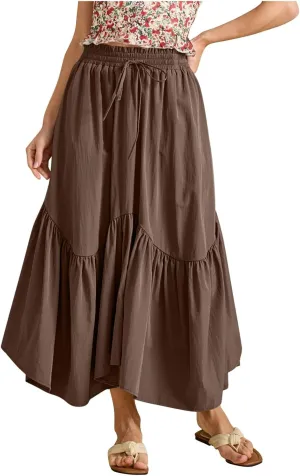 Summer Skirts for Women Asymmetrical Hem Pleated A-Line Dress Elastic Waist Drawstring Flowy Vacation Beach Maxi Skirt
