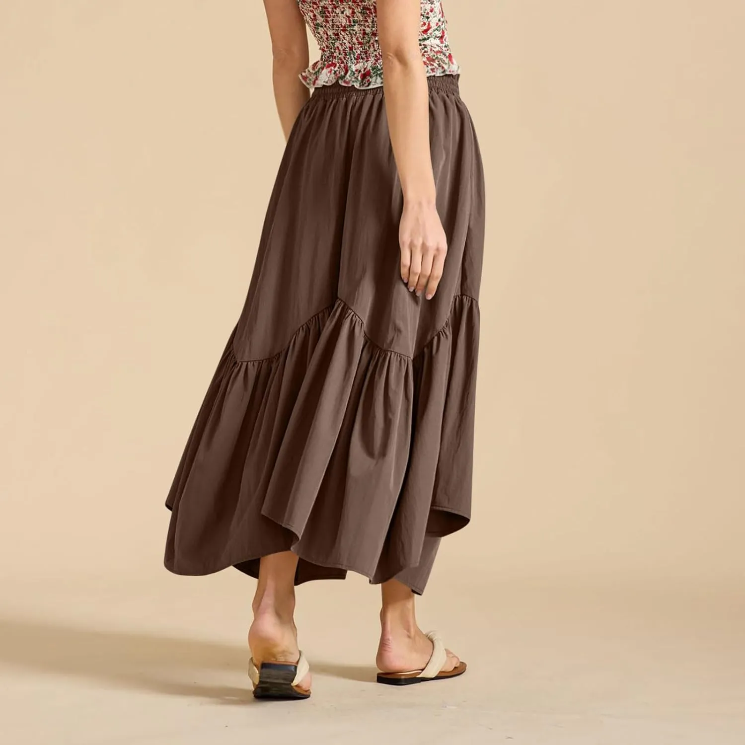 Summer Skirts for Women Asymmetrical Hem Pleated A-Line Dress Elastic Waist Drawstring Flowy Vacation Beach Maxi Skirt