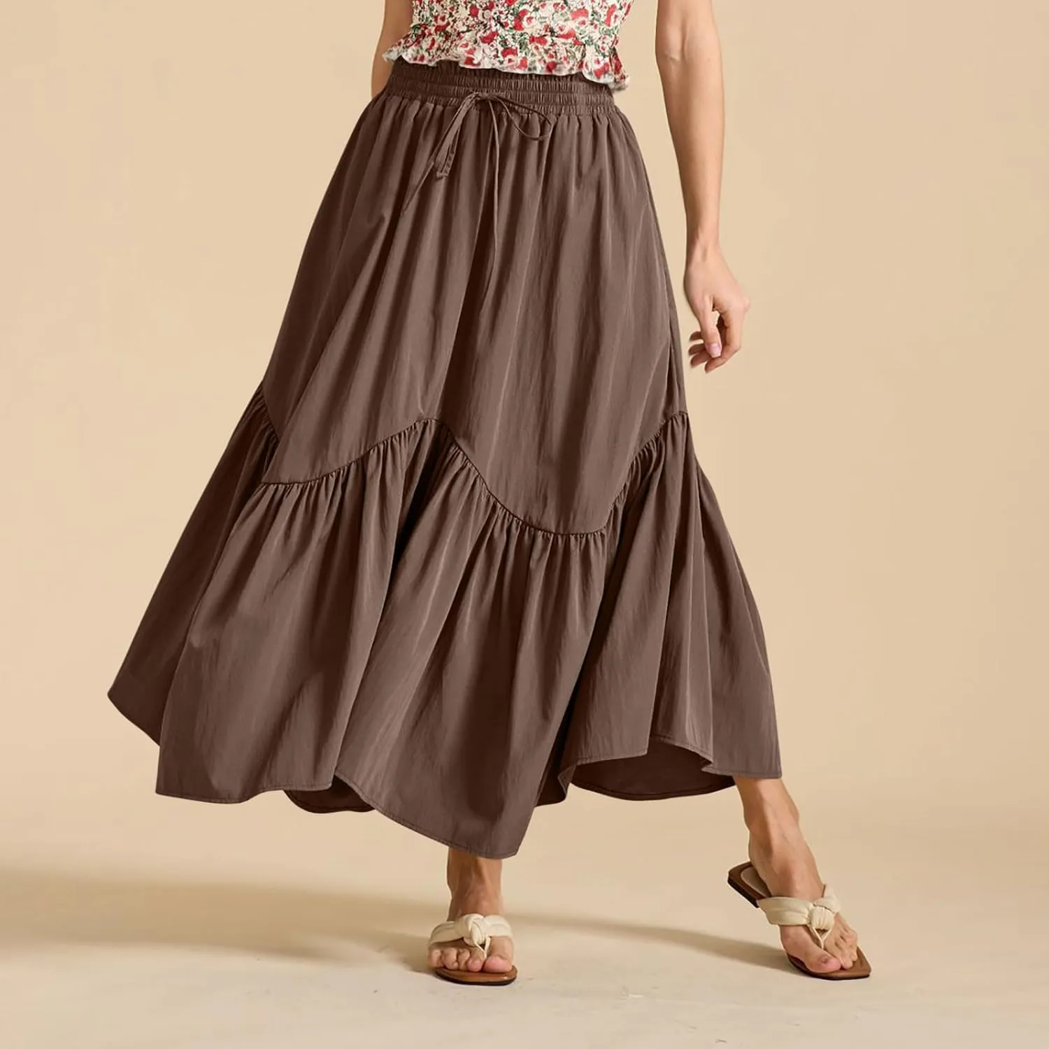 Summer Skirts for Women Asymmetrical Hem Pleated A-Line Dress Elastic Waist Drawstring Flowy Vacation Beach Maxi Skirt