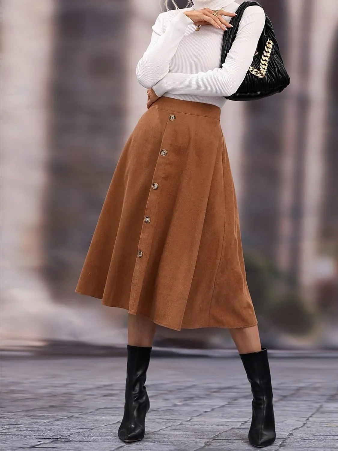 Summer Spring Womens Skirts Solid Button Front Midi Skirt