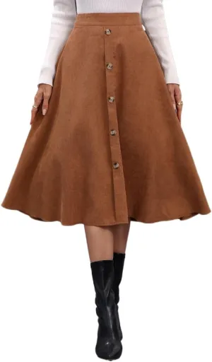 Summer Spring Womens Skirts Solid Button Front Midi Skirt