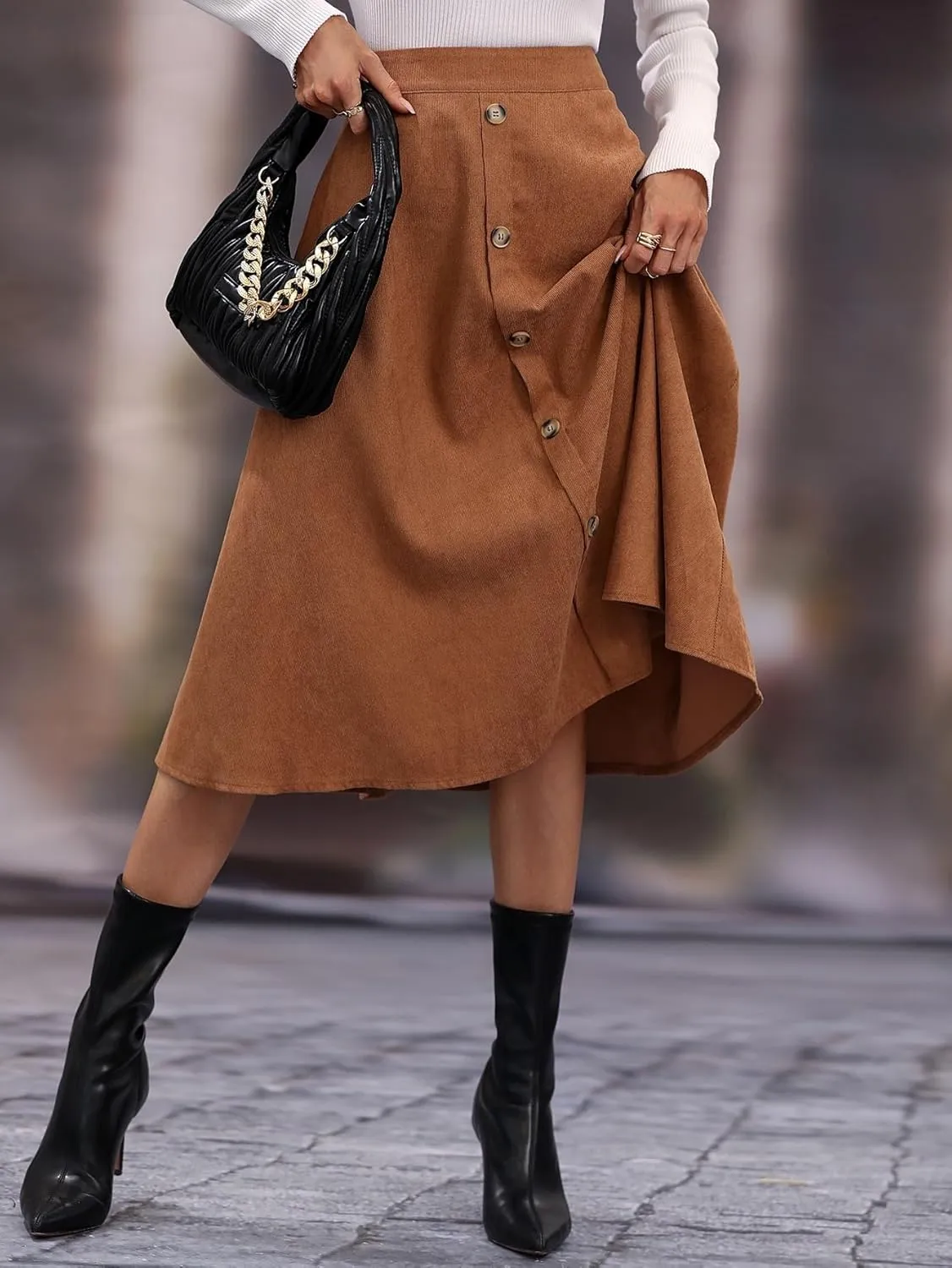 Summer Spring Womens Skirts Solid Button Front Midi Skirt