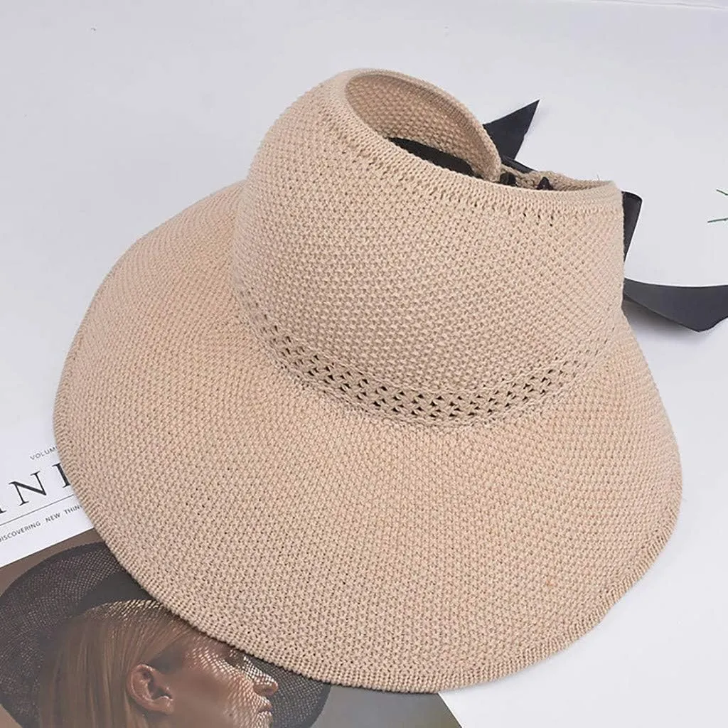 Summer Straw Roll Up Ponytail hat Ladies Wide-Brimmed Beach hat UV Protection Sun Visor Hats for Women Bowknot Floppy Sun hat