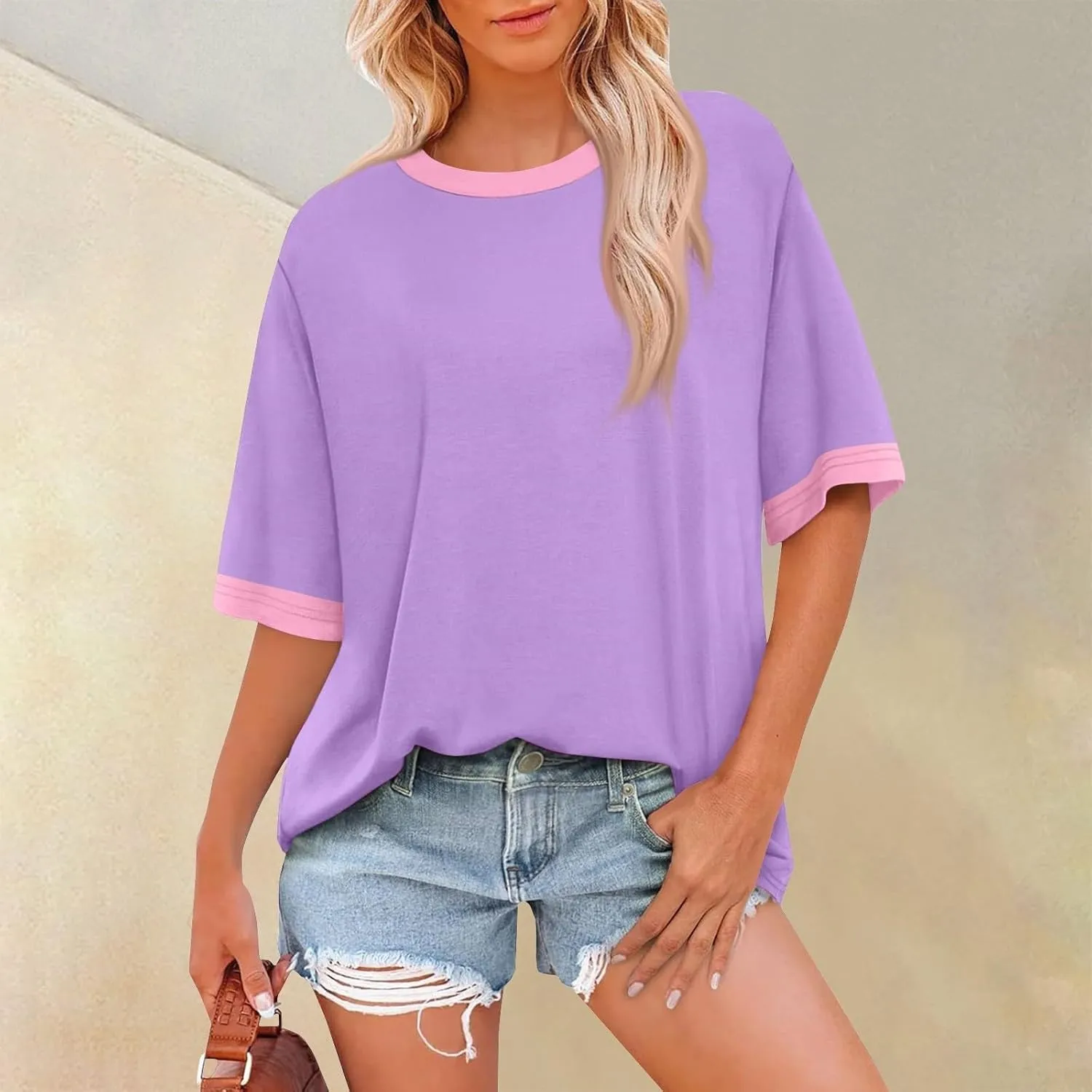 Summer Tops for Women Short Sleeve Crewneck Oversized T Shirts Trendy Solid/Flower Printed Beach Vacation Clothes