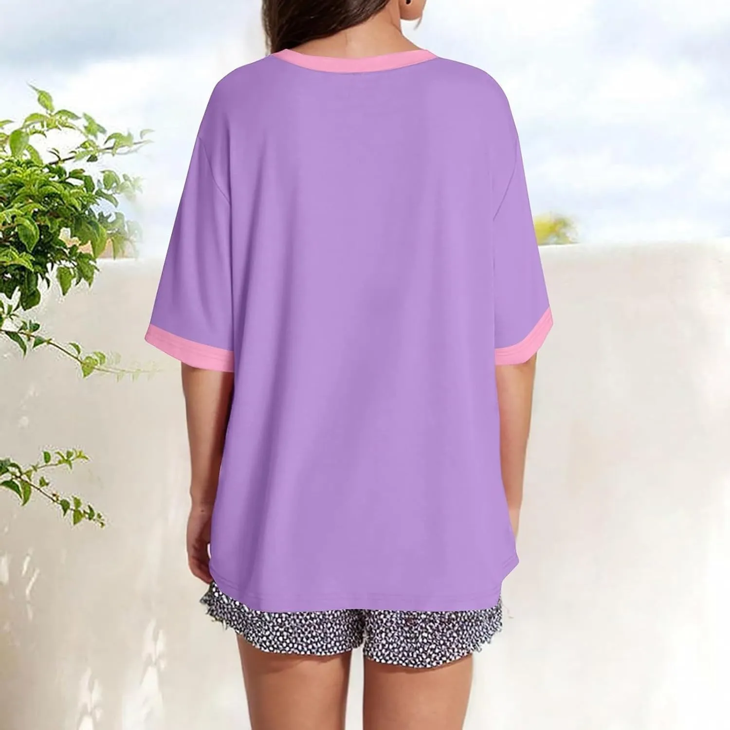 Summer Tops for Women Short Sleeve Crewneck Oversized T Shirts Trendy Solid/Flower Printed Beach Vacation Clothes