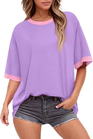 Summer Tops for Women Short Sleeve Crewneck Oversized T Shirts Trendy Solid/Flower Printed Beach Vacation Clothes
