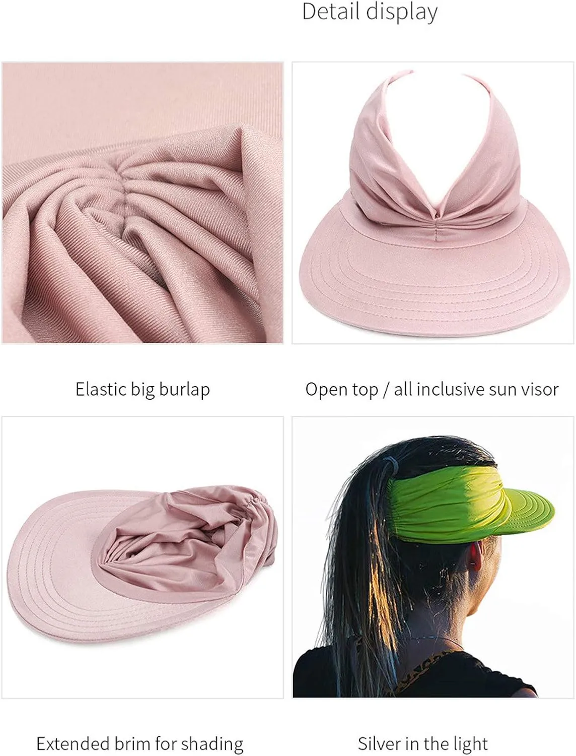 Summer Wide Brim Sun Visor Hat for Women UV Protection Elastic Empty Top Ponytail Beach Hats for Sports Golf Tennis Running
