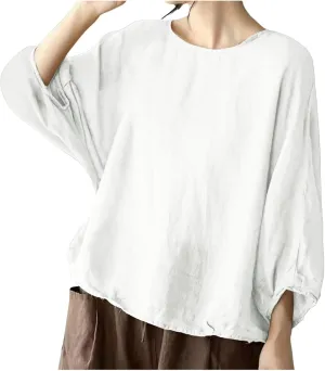 Summer Womens 3 of 4 Sleeve Crew Neck Floral Printed Loose Top T Shirts Casual Linen Tunic Tee Cute Dog Shirt for