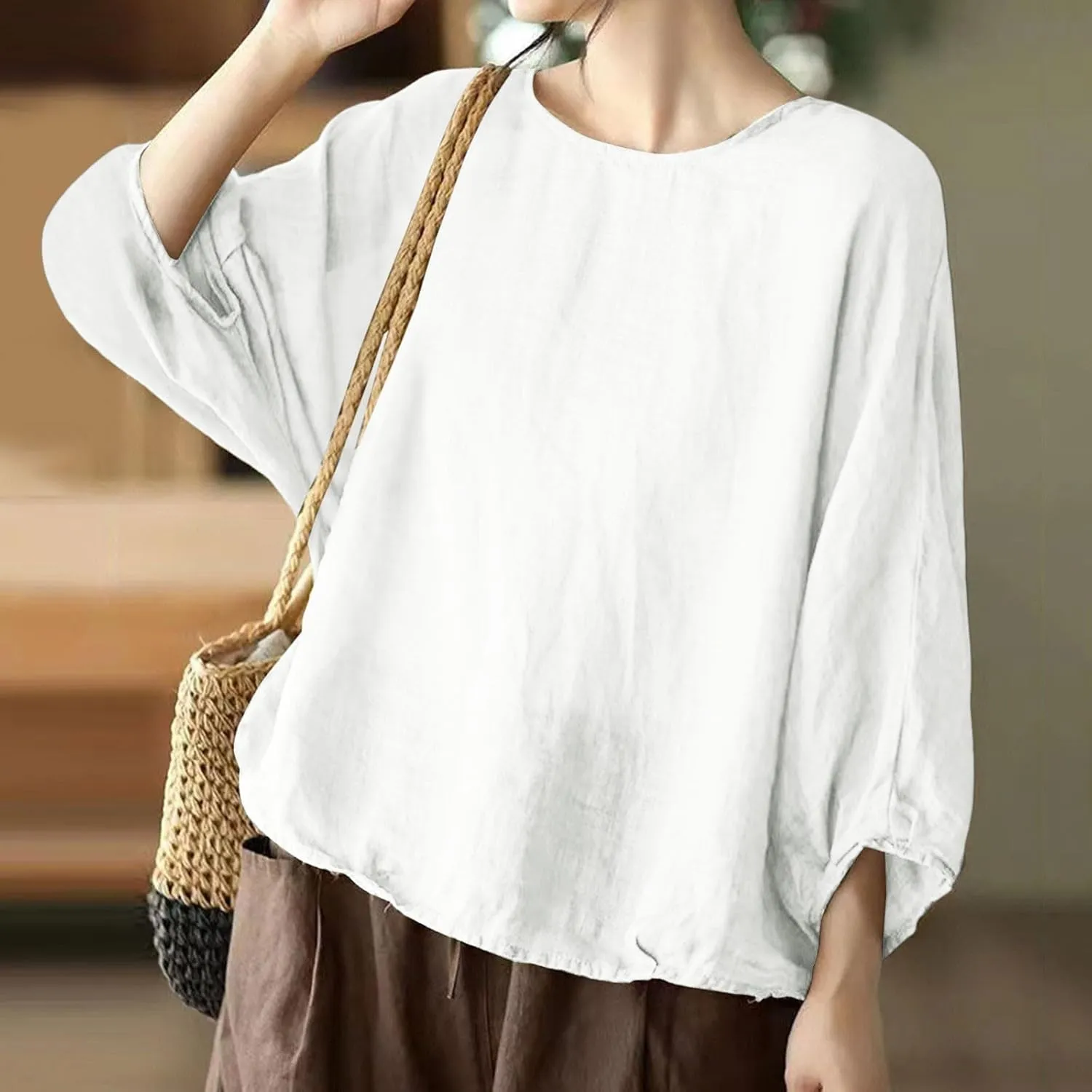 Summer Womens 3 of 4 Sleeve Crew Neck Floral Printed Loose Top T Shirts Casual Linen Tunic Tee Cute Dog Shirt for