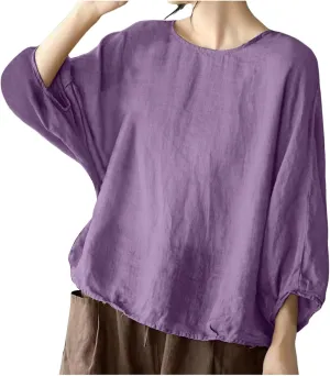 Summer Womens 3 of 4 Sleeve Crew Neck Floral Printed Loose Top T Shirts Casual Linen Tunic Tee Cute Dog Shirt for