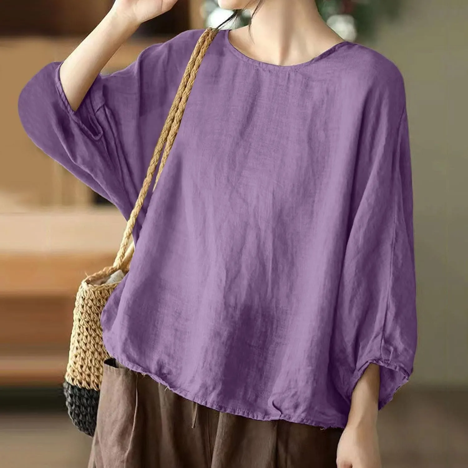 Summer Womens 3 of 4 Sleeve Crew Neck Floral Printed Loose Top T Shirts Casual Linen Tunic Tee Cute Dog Shirt for