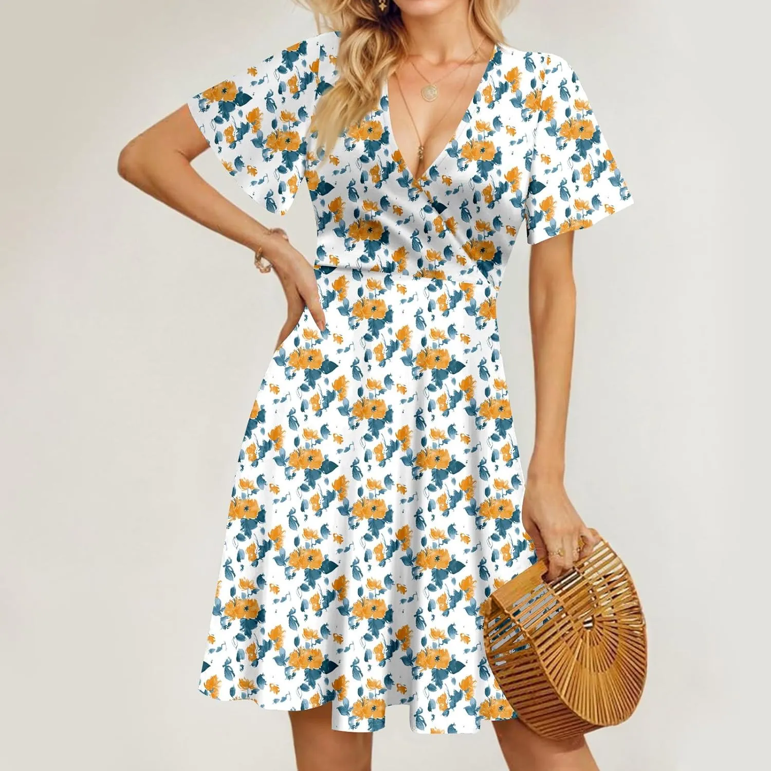 Sundresses for Women 2025 Floral Sexy V Neck A-Line Mini Wrap Dress