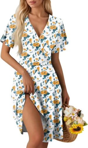Sundresses for Women 2025 Floral Sexy V Neck A-Line Mini Wrap Dress