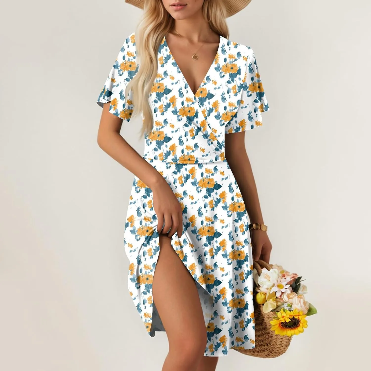 Sundresses for Women 2025 Floral Sexy V Neck A-Line Mini Wrap Dress