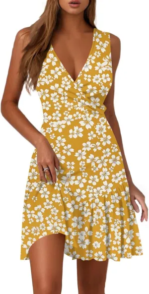 Sundresses for Women 2025 Ladies Sexy V Neck A-Line Mini Wrap Dress