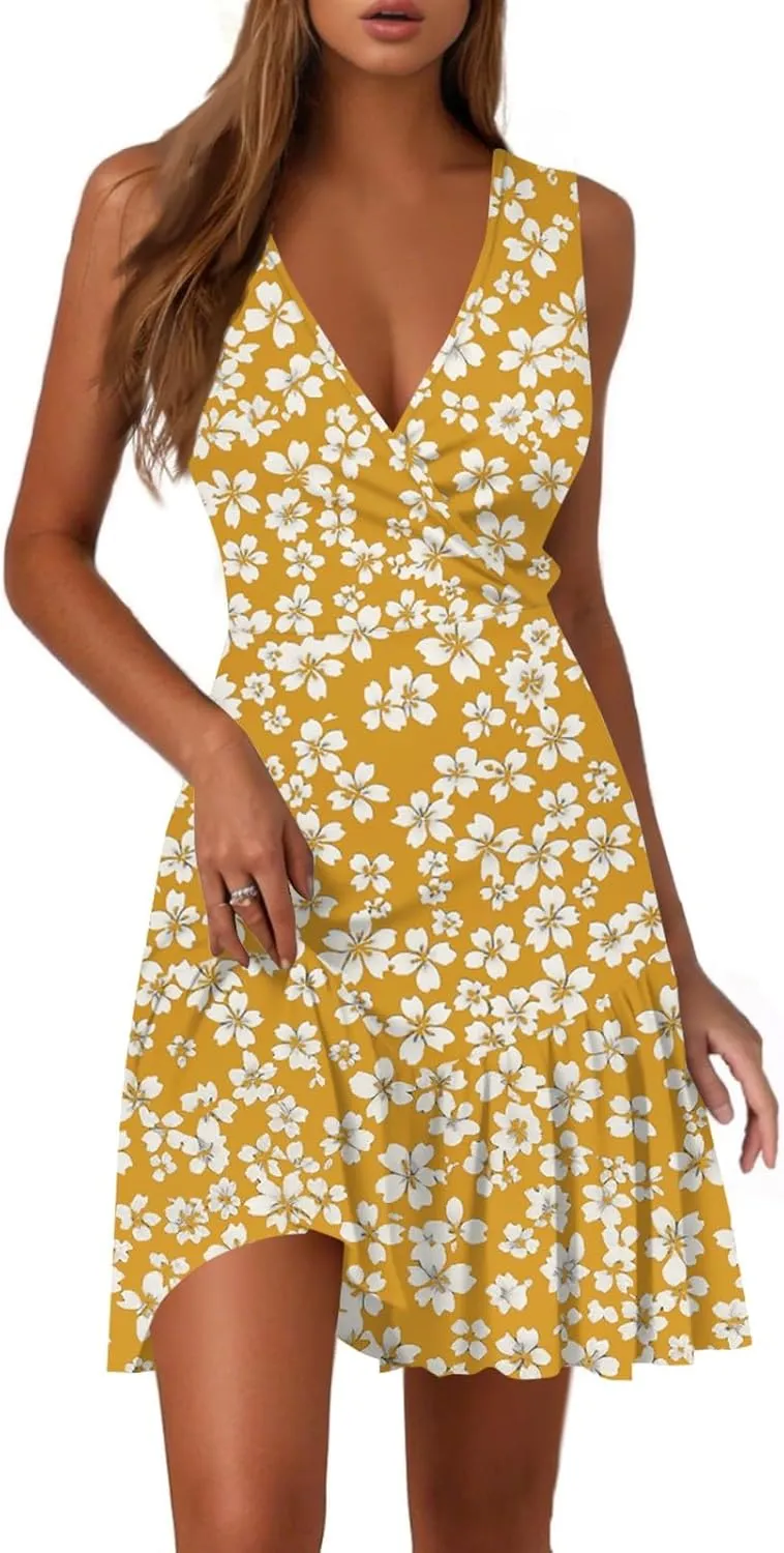 Sundresses for Women 2025 Ladies Sexy V Neck A-Line Mini Wrap Dress