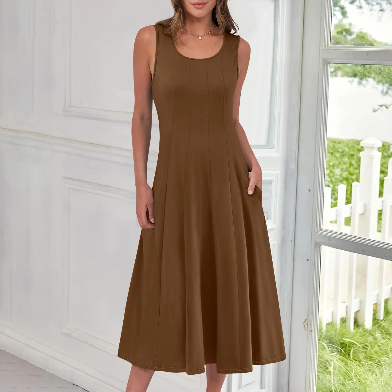 Sundresses for Women Tank Dress Summer Boho Dress Smocked Floral Dresses Casual Sleeveless Ruffle Dresses with Pockets