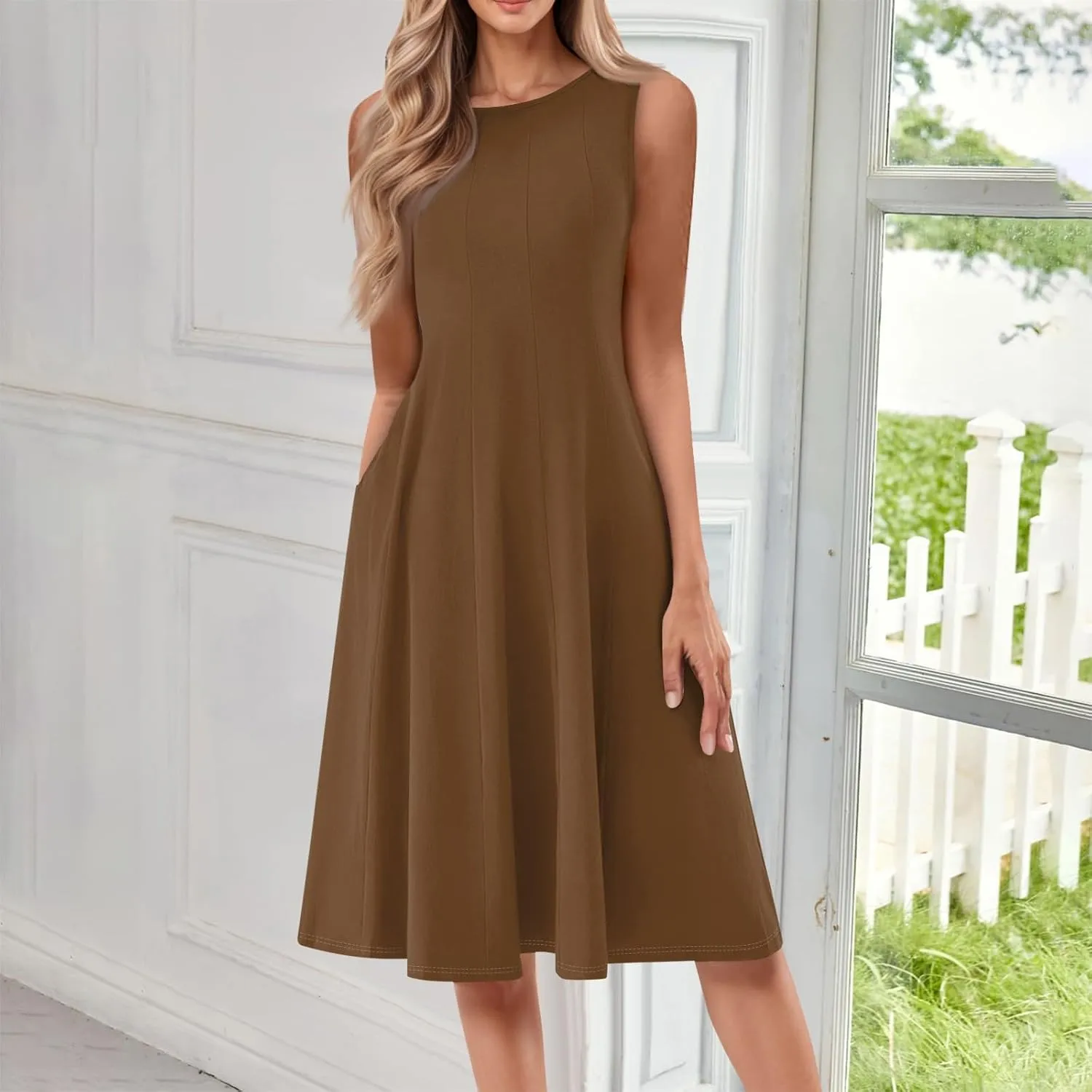 Sundresses for Women Tank Dress Summer Boho Dress Smocked Floral Dresses Casual Sleeveless Ruffle Dresses with Pockets