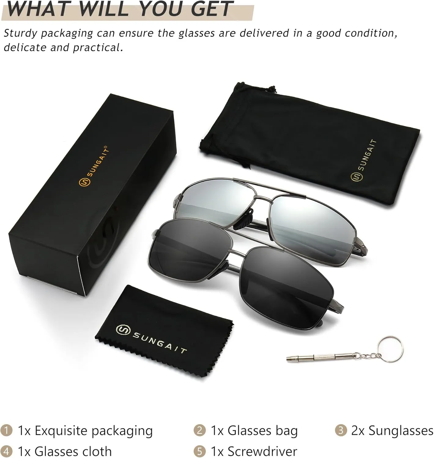 SUNGAIT Ultra Lightweight Rectangular Polarized Sunglasses UV400 Protection
