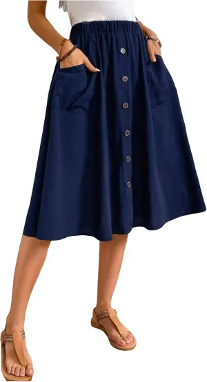 SweatyRocks Women's Trendy Summer High Waist Button Front Midi Skirts with Pocket