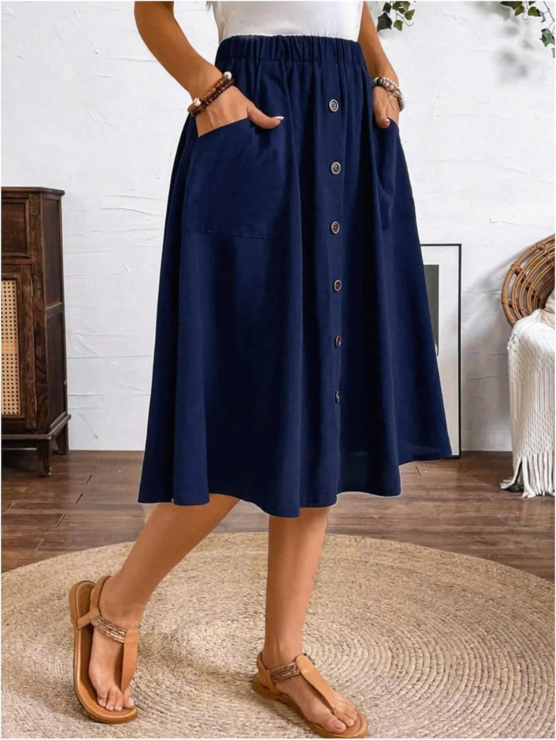 SweatyRocks Women's Trendy Summer High Waist Button Front Midi Skirts with Pocket