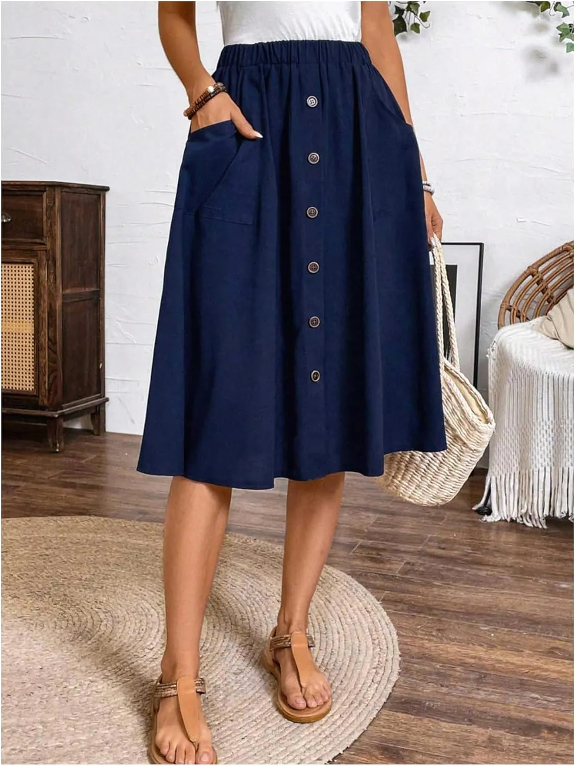 SweatyRocks Women's Trendy Summer High Waist Button Front Midi Skirts with Pocket