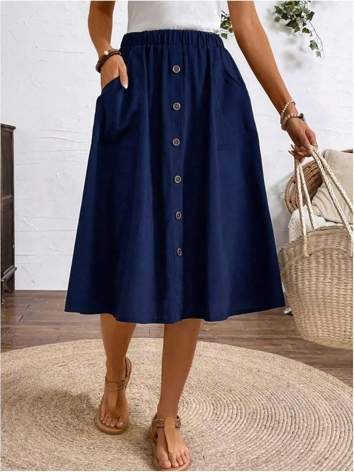 SweatyRocks Women's Trendy Summer High Waist Button Front Midi Skirts with Pocket