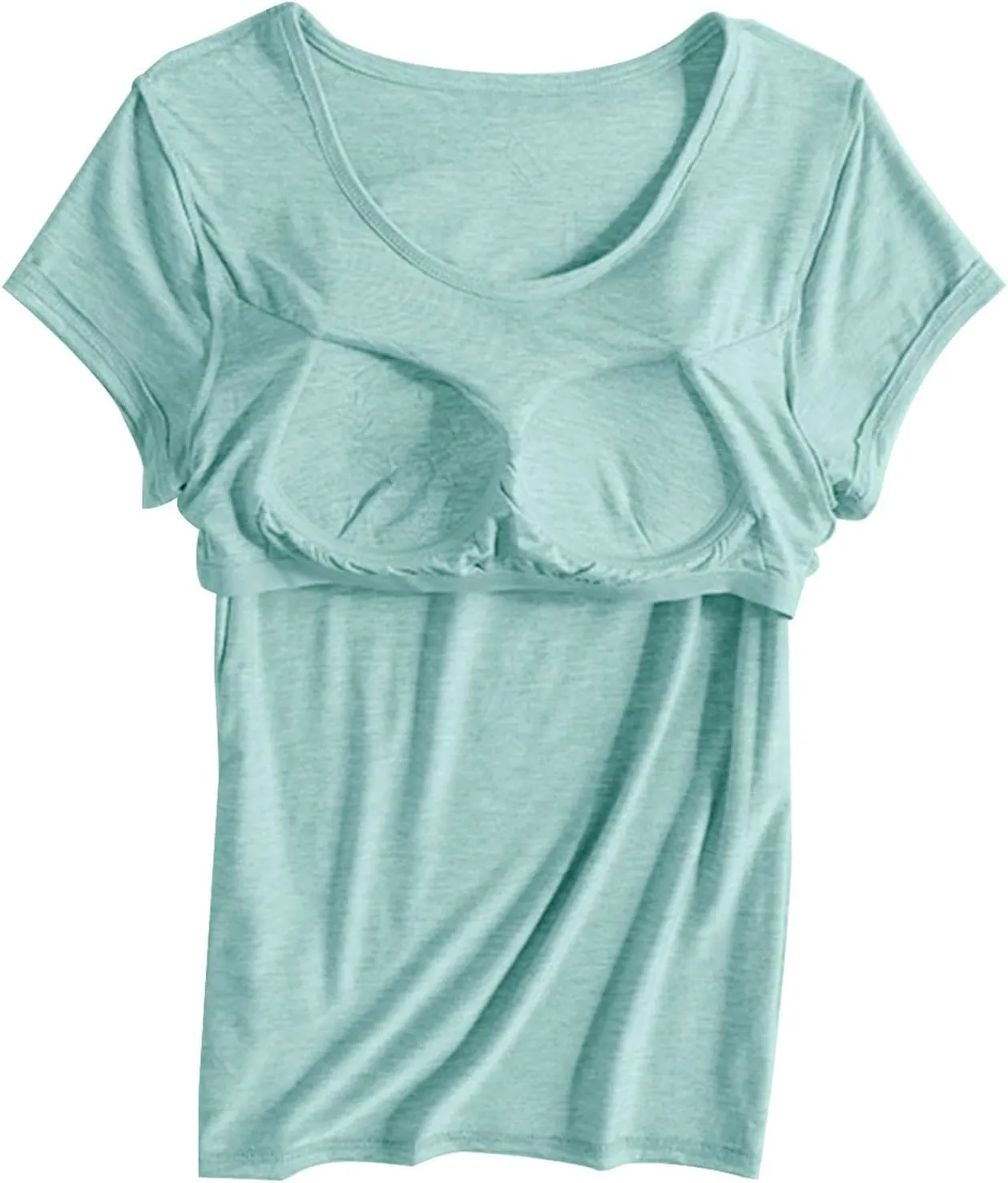 T-Shirt with Built-in Bra Women Casual Short Sleeve Scoop Neck Tees Lightweight Athletic Shirt Trendy Workout Yoga Tops