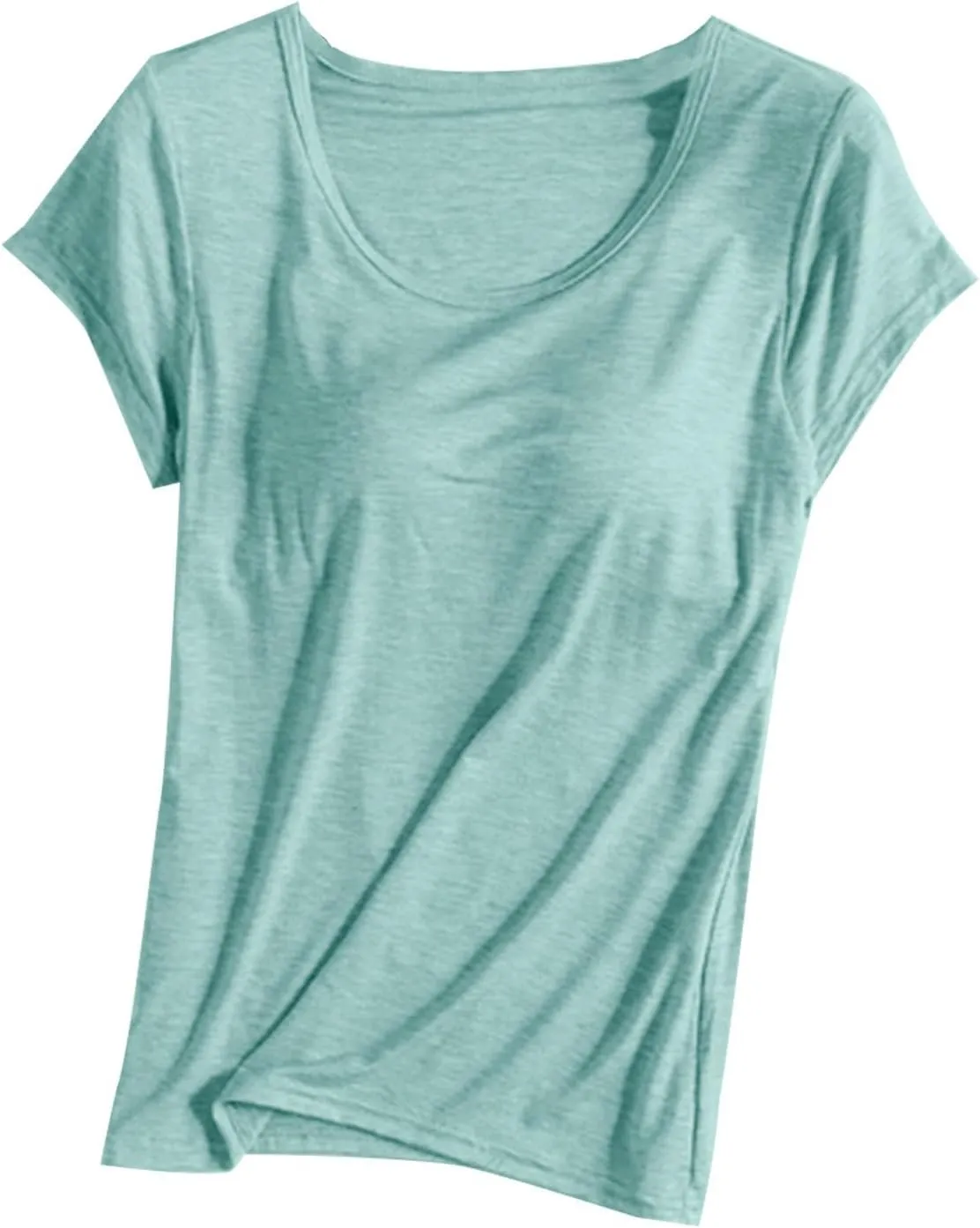 T-Shirt with Built-in Bra Women Casual Short Sleeve Scoop Neck Tees Lightweight Athletic Shirt Trendy Workout Yoga Tops