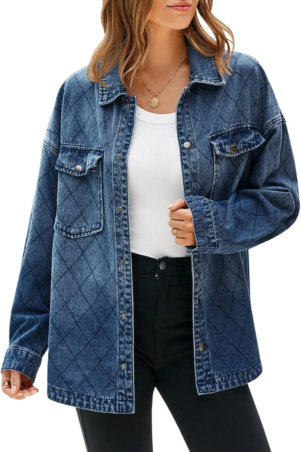Tankaneo Womens Oversized Denim Jackets Trendy Diamond Quilted Button Down Jean Shackets Casual Lightweight Jackets