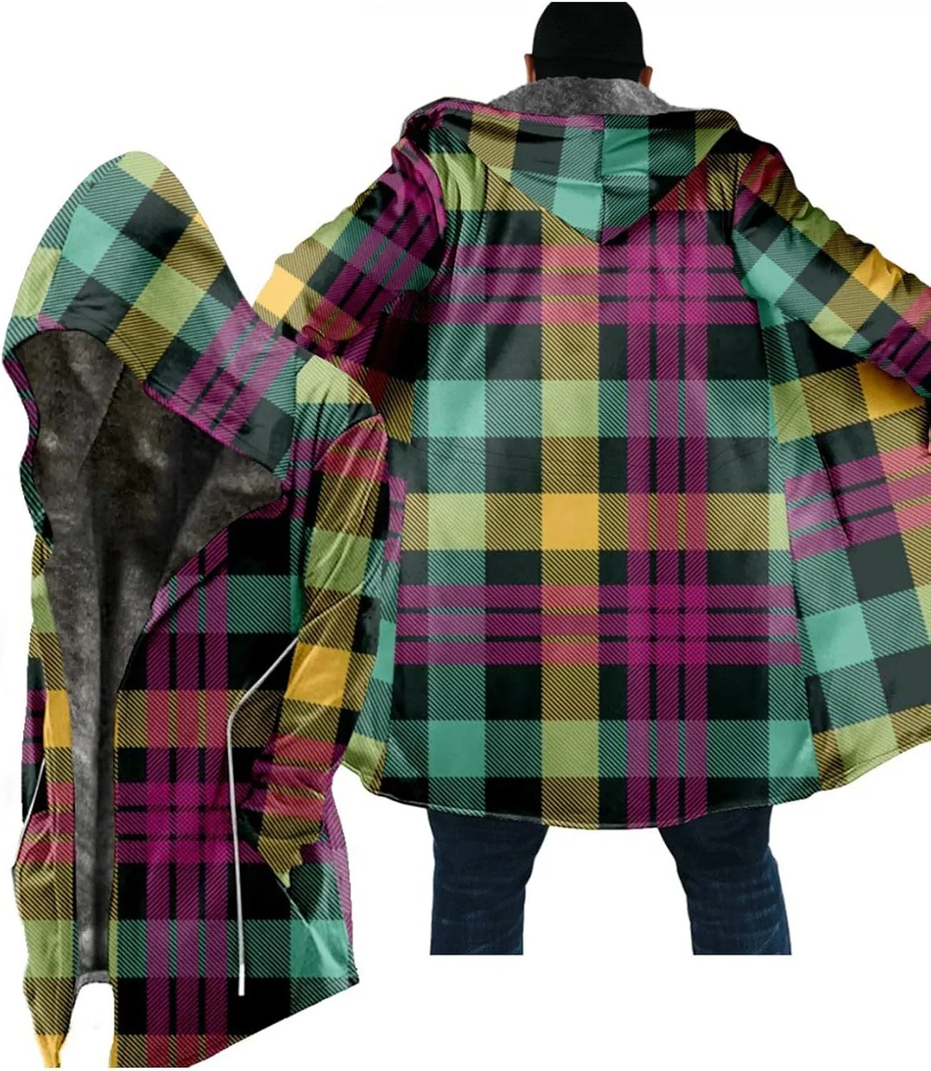 Thickened Zipper Winter Jackets With Hood Plaid Print Long Sleeve Plus Size Heavyweight Warm Fleece Jacket, M-6XL