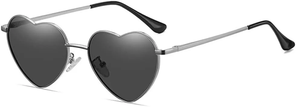 Trendy sunglasses Love Heart Shaped Polarized Sunglasses Women Men Sweet Design Eyewear Party Sun Glasses Outdoor Goggle UV400 Oculos De Sol,Black,Silver,Metal Frame