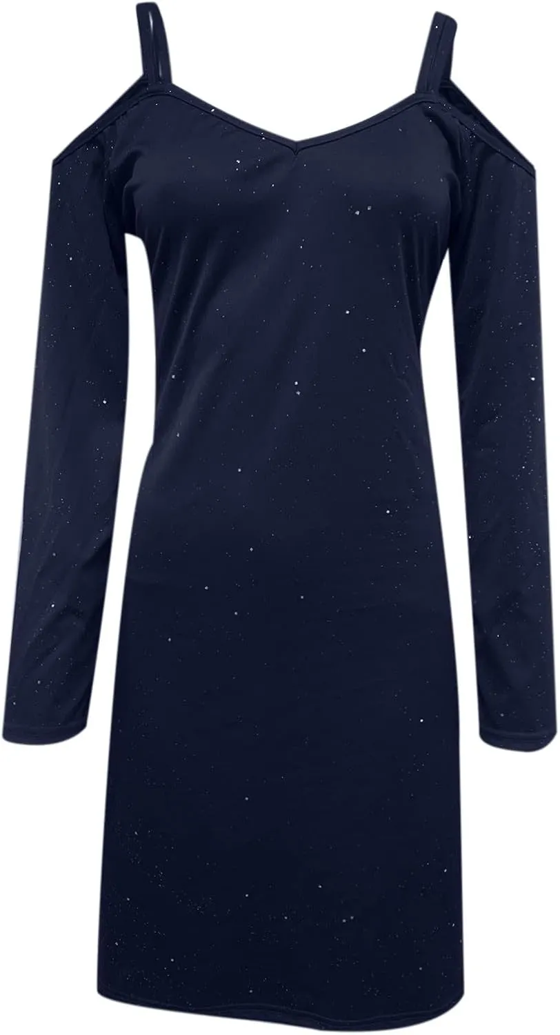 tuduoms Sequin Shift T-Shirt Mini Dress for Women Sexy Off Shoulder Dress Shimmer Glitter Long Sleeve Formal Evening Dresses