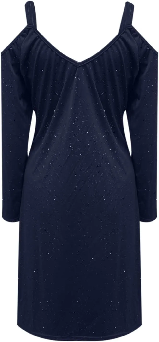 tuduoms Sequin Shift T-Shirt Mini Dress for Women Sexy Off Shoulder Dress Shimmer Glitter Long Sleeve Formal Evening Dresses