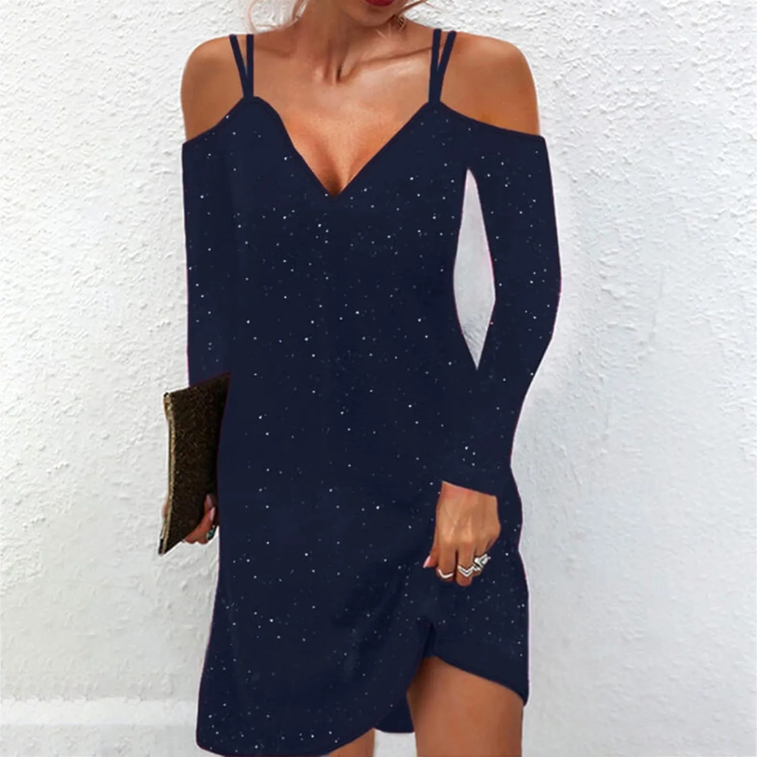 tuduoms Sequin Shift T-Shirt Mini Dress for Women Sexy Off Shoulder Dress Shimmer Glitter Long Sleeve Formal Evening Dresses