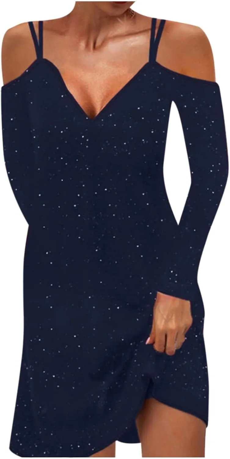 tuduoms Sequin Shift T-Shirt Mini Dress for Women Sexy Off Shoulder Dress Shimmer Glitter Long Sleeve Formal Evening Dresses