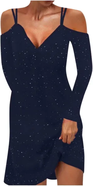 tuduoms Sequin Shift T-Shirt Mini Dress for Women Sexy Off Shoulder Dress Shimmer Glitter Long Sleeve Formal Evening Dresses