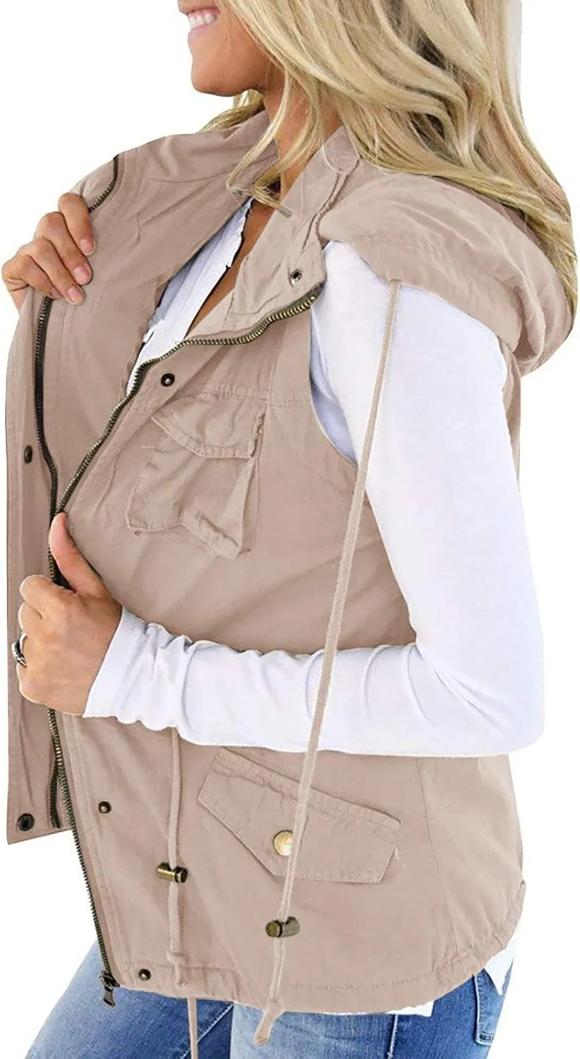 Tutorutor Womens Military Safari Camo Vest Utility Lightweight Sleeveless Hooded Drawstring Jackets with Pockets