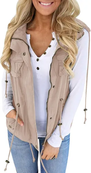 Tutorutor Womens Military Safari Camo Vest Utility Lightweight Sleeveless Hooded Drawstring Jackets with Pockets