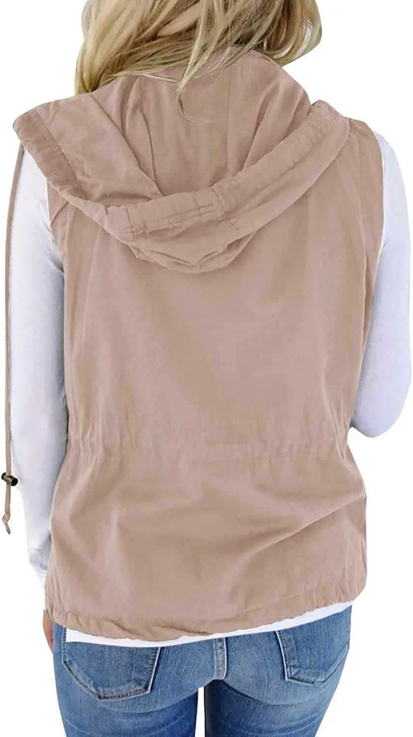 Tutorutor Womens Military Safari Camo Vest Utility Lightweight Sleeveless Hooded Drawstring Jackets with Pockets