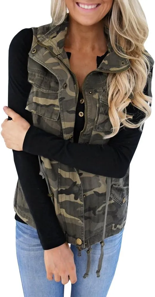 Tutorutor Womens Military Safari Camo Vest Utility Lightweight Sleeveless Hooded Drawstring Jackets with Pockets