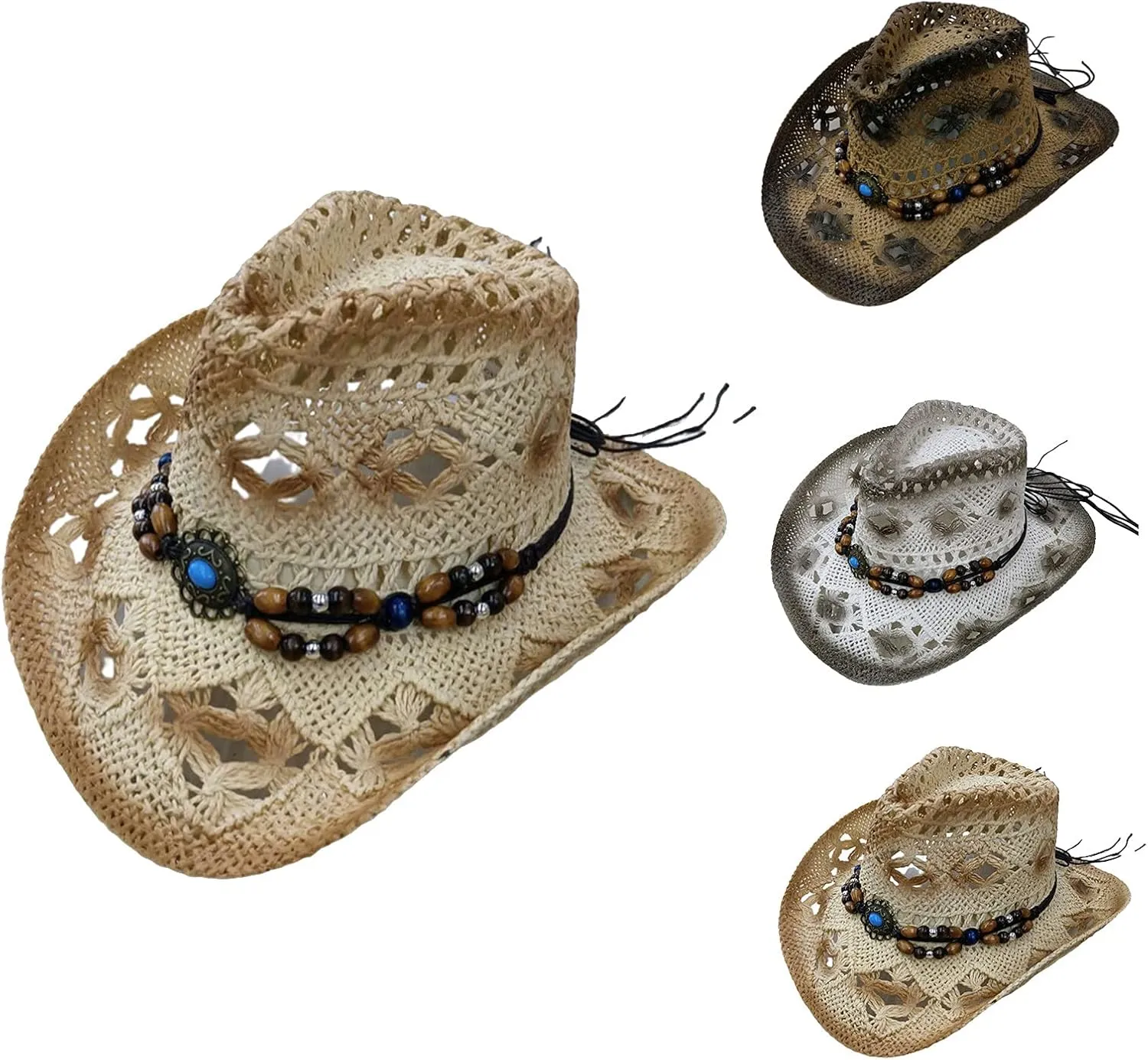 Unisex Cowboy Cowgirl Hat Sun Straw Hat Classic Western Style Roll Up Wide Brim Felt Sombrero Caps with Belt Buckle