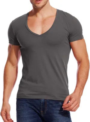 V Neck T Shirts Men Deep V Neck Tee Muscle Slim Fit Low Cut Stretch Tshirt