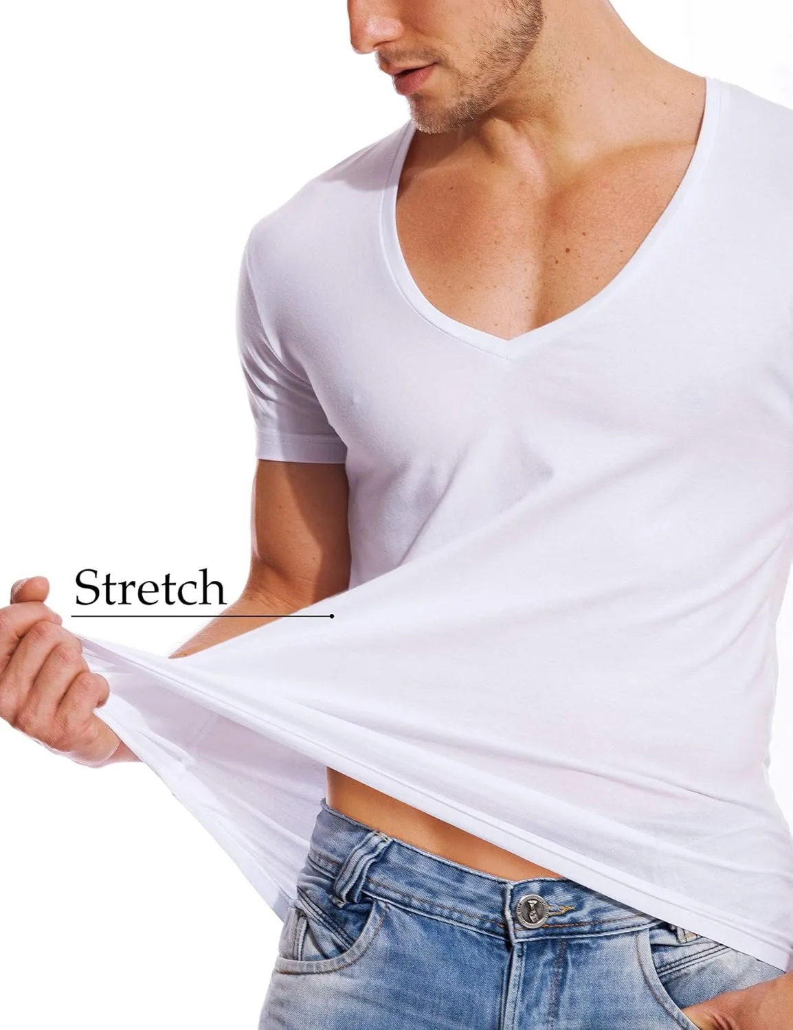 V Neck T Shirts Men Deep V Neck Tee Muscle Slim Fit Low Cut Stretch Tshirt