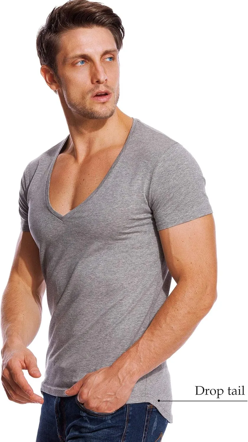 V Neck T Shirts Men Deep V Neck Tee Muscle Slim Fit Low Cut Stretch Tshirt