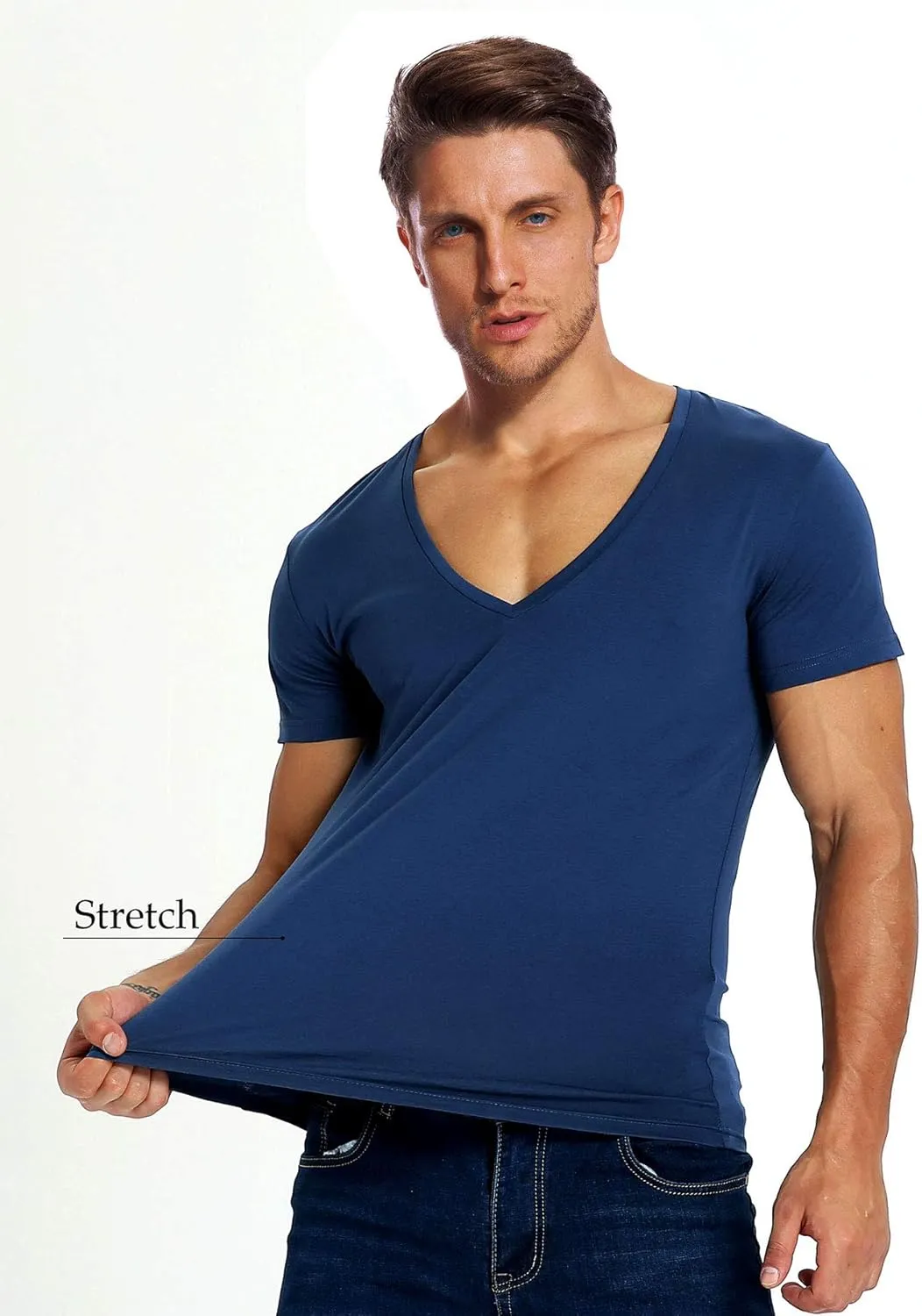 V Neck T Shirts Men Deep V Neck Tee Muscle Slim Fit Low Cut Stretch Tshirt