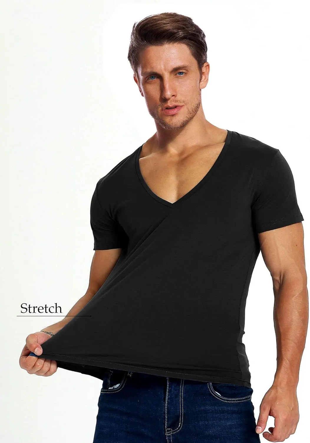 V Neck T Shirts Men Deep V Neck Tee Muscle Slim Fit Low Cut Stretch Tshirt