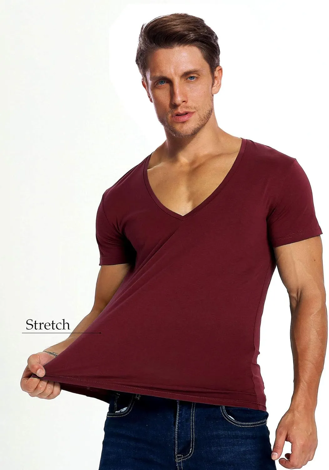V Neck T Shirts Men Deep V Neck Tee Muscle Slim Fit Low Cut Stretch Tshirt